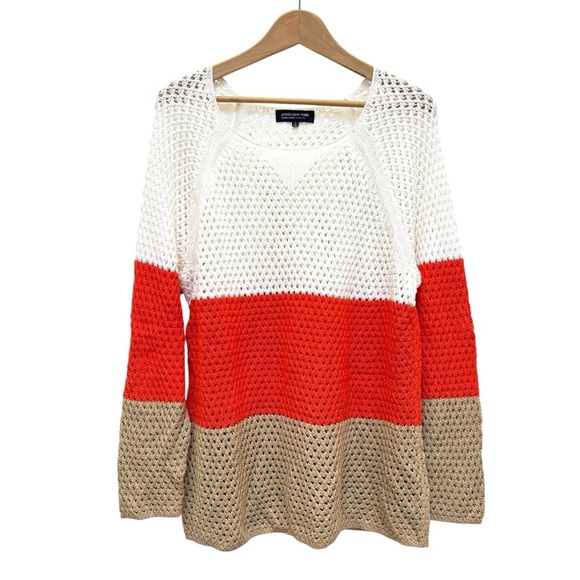 Jones New York Color Block Open Work Crochet Knit Sweater White Orange Tan 1X - Picture 1 of 11